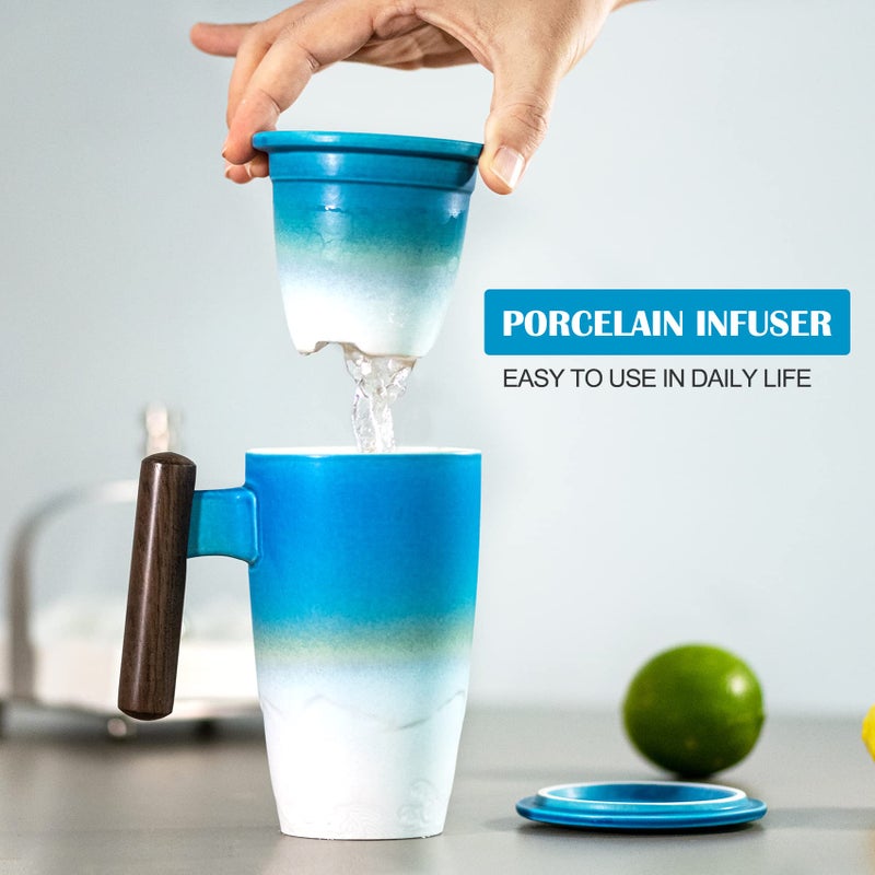 suyika Tomotime Ceramic Tea Cup with Infuser and Lid Tea Mugs Wooden Handle 400ml/13.5oz (Cyan blue) - Image 2